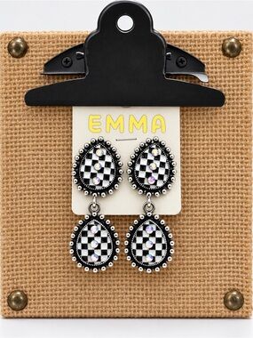 Emma Black & White Check Teardrop Dangle Earrings